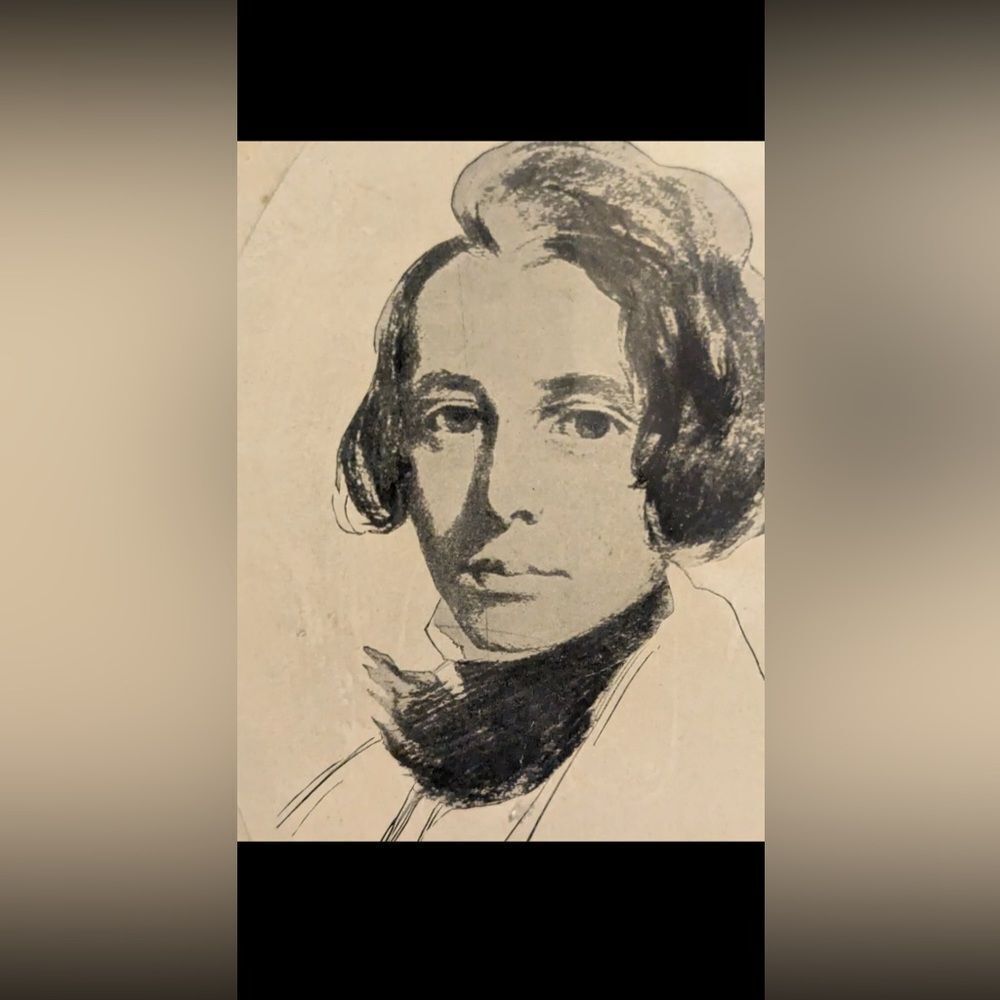 Antique Black & White Framed Sketch Drawing Of Author Charles Dickens